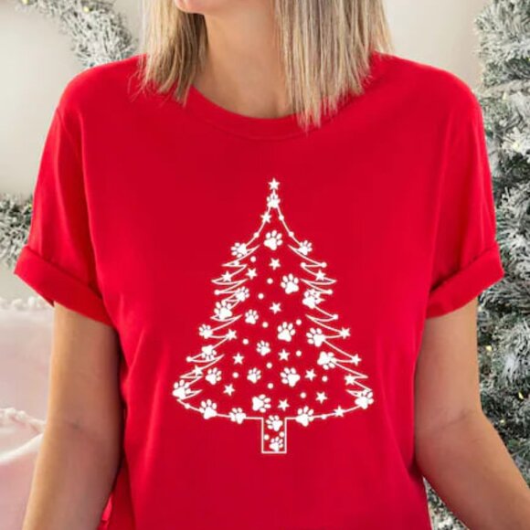 Tops - Christmas Dog Paws Tree Shirt, Dog Lover Christmas Shirt, Christmas Gift